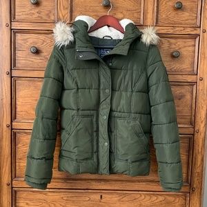 American Eagle Puffer Jacket with Faux Fur Hood